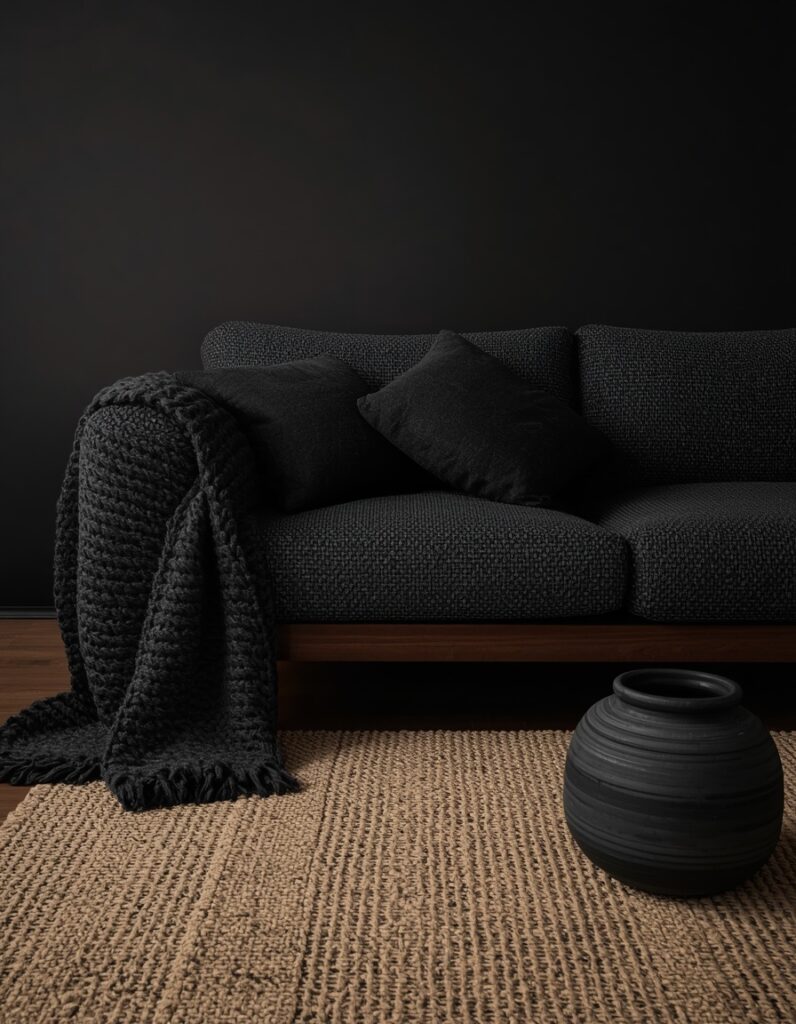 A Dark Japandi textile and texture composition showing charcoal bouclé sofa upholstery with looped surface catching warm lamplight, a chunky charcoal merino throw draped naturally over the arm, a hand-knotted natural jute rug corner on dark walnut floor, and one oversized unglazed dark clay vessel on the coffee table — four textures in the same dark tonal register each contributing warmth through surface rather than color