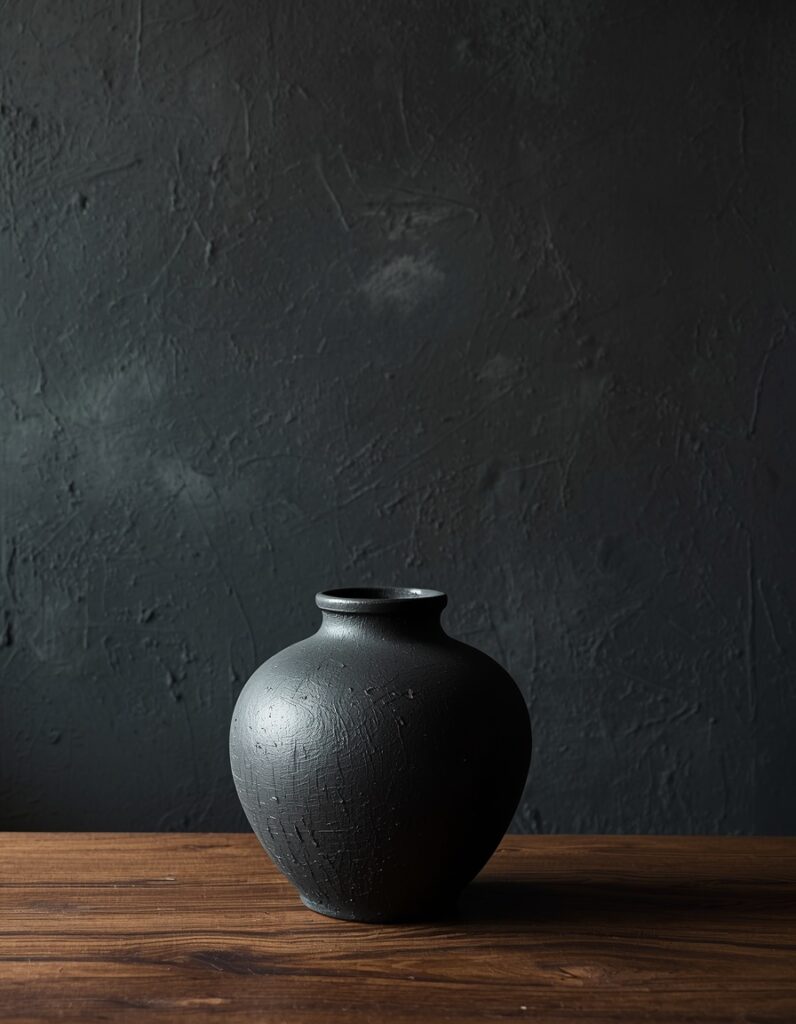 A Dark Japandi textural contrast detail showing a matte unglazed black ceramic vase on a dark walnut coffee table with sweeping brown grain, against a deep charcoal limewash wall showing mineral mottling — three dark materials each expressing their tonal register through completely different surface textures