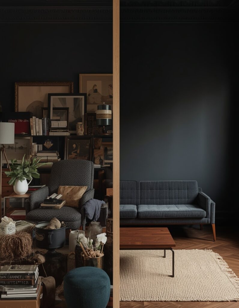 A split-panel comparison showing two dark living rooms — left panel crowded with competing furniture and objects on dark walls creating an oppressive suffocating effect, right panel showing the same dark charcoal limewash walls with radically edited furniture — one low sofa, one table, one rug — and abundant negative space reading as enveloping and calm