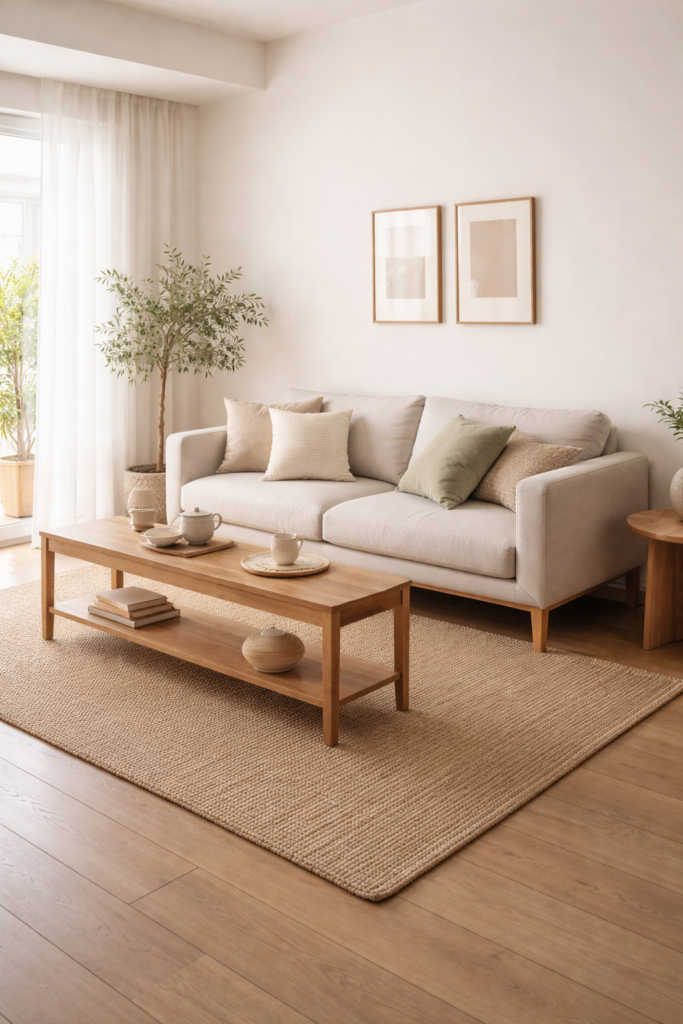 small japandi living room layout with floating sofa and open floor flow