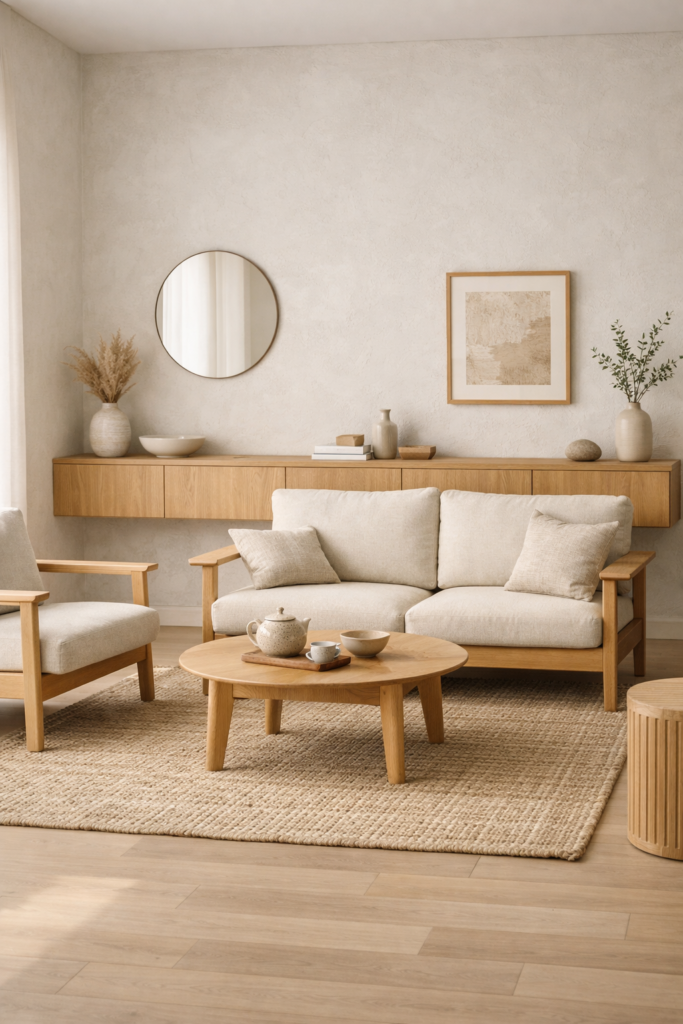 small japandi living room with floating wood storage and neutral rug