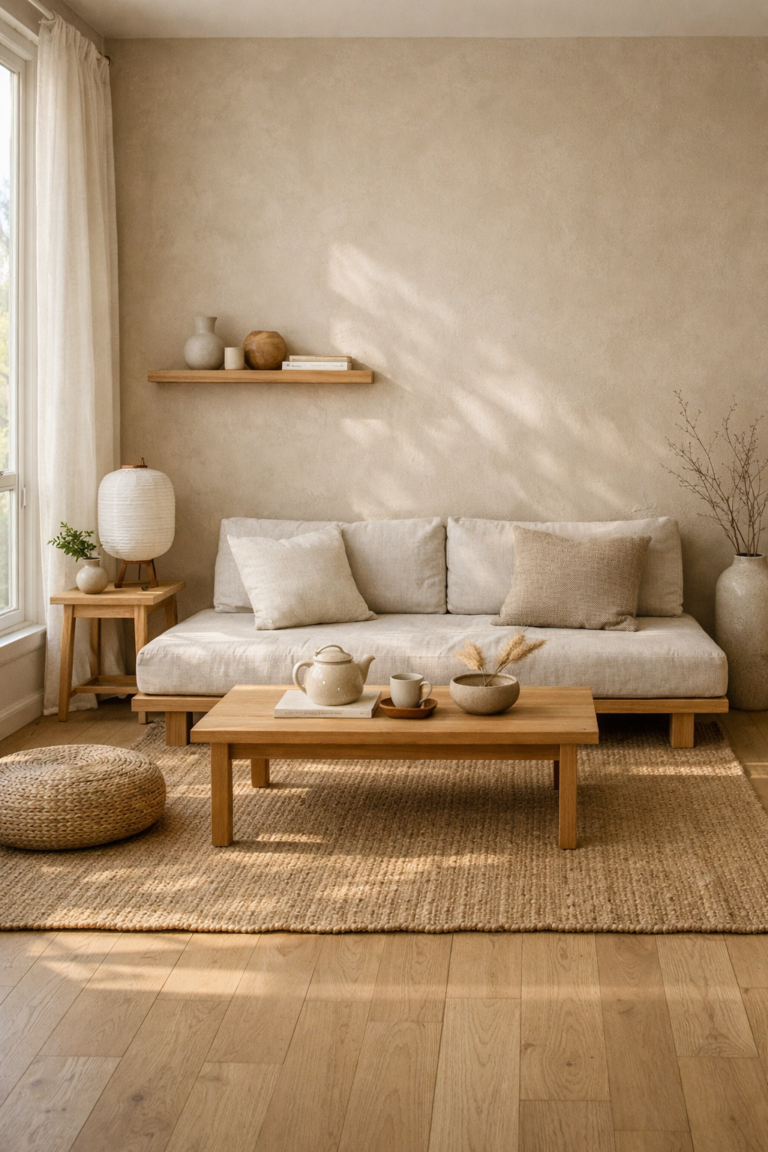 small japandi living room with low sofa and warm neutral styling