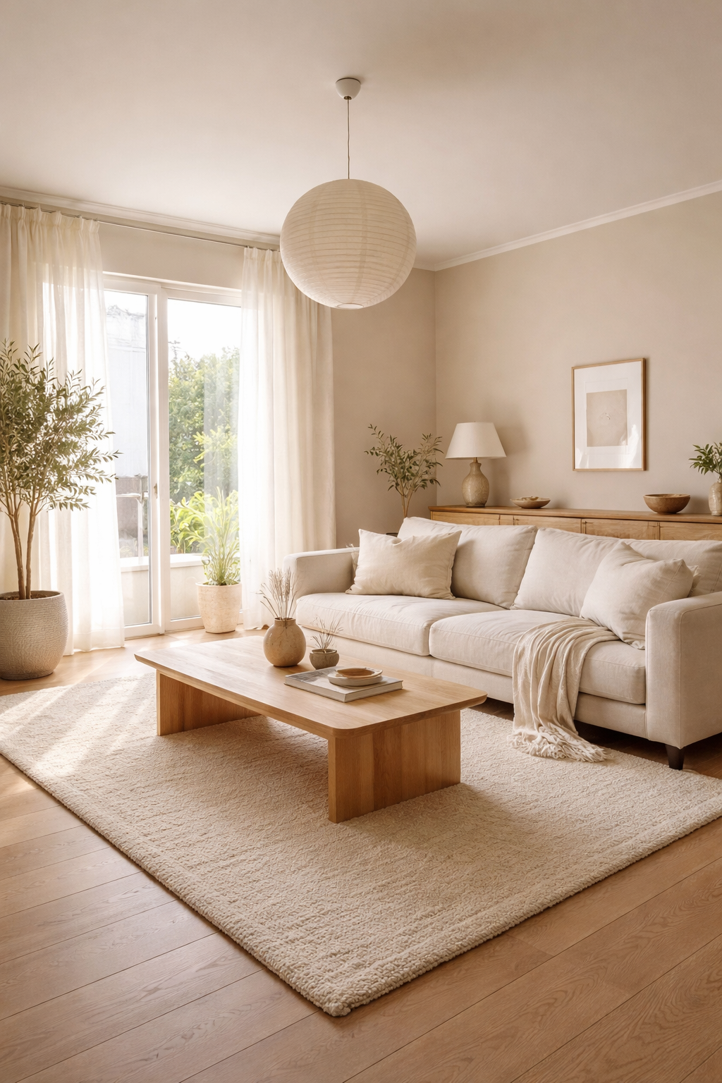 small-japandi-living-room-low-sofa small japandi living room with low profile sofa and neutral palette