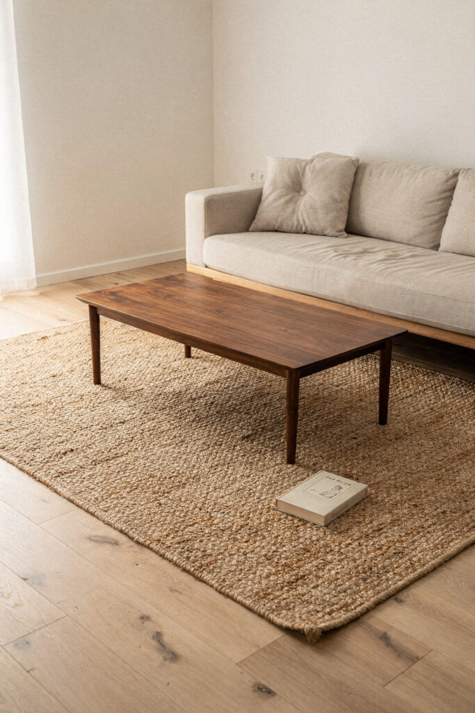 A warm neutral flat-weave jute rug with the front legs of a low sofa resting on it, bare pale oak floor visible between the rug edge and the wall