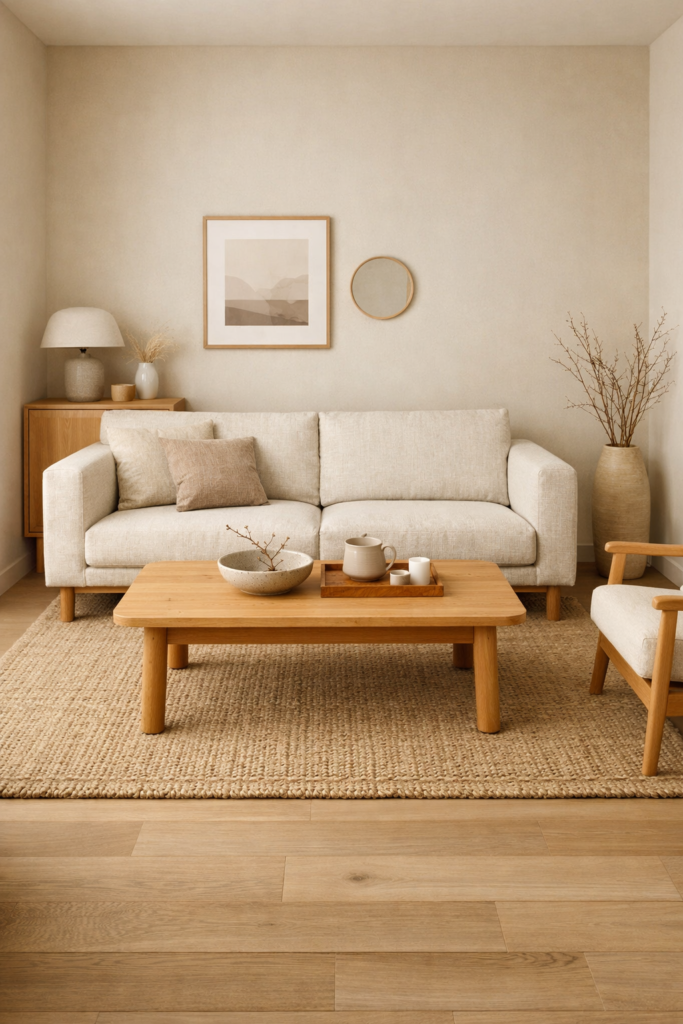 small japandi living room with clear walkway and minimalist furniture