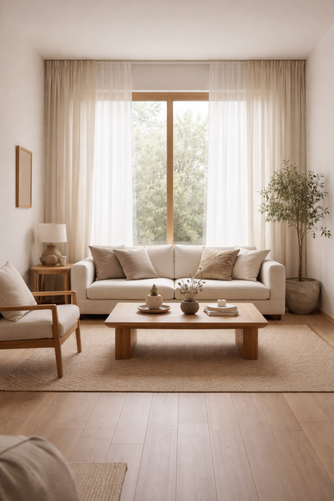 small japandi living room layout with natural window light