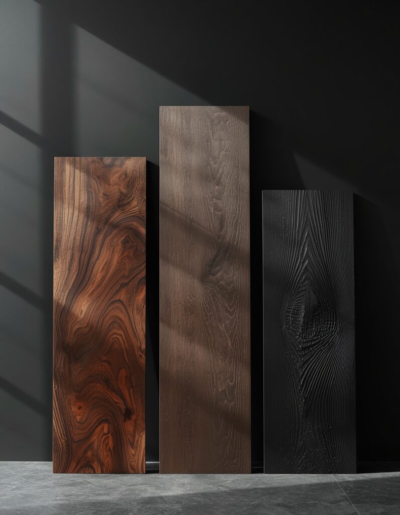 Three dark timber samples arranged vertically against a deep charcoal limewash wall — dark walnut at top showing rich chocolate-brown sweeping grain, smoked oak in the middle with cooler desaturated brown-gray tone, and Shou Sugi Ban charred timber at bottom with matte black deeply textured surface catching light along the grain ridgelines