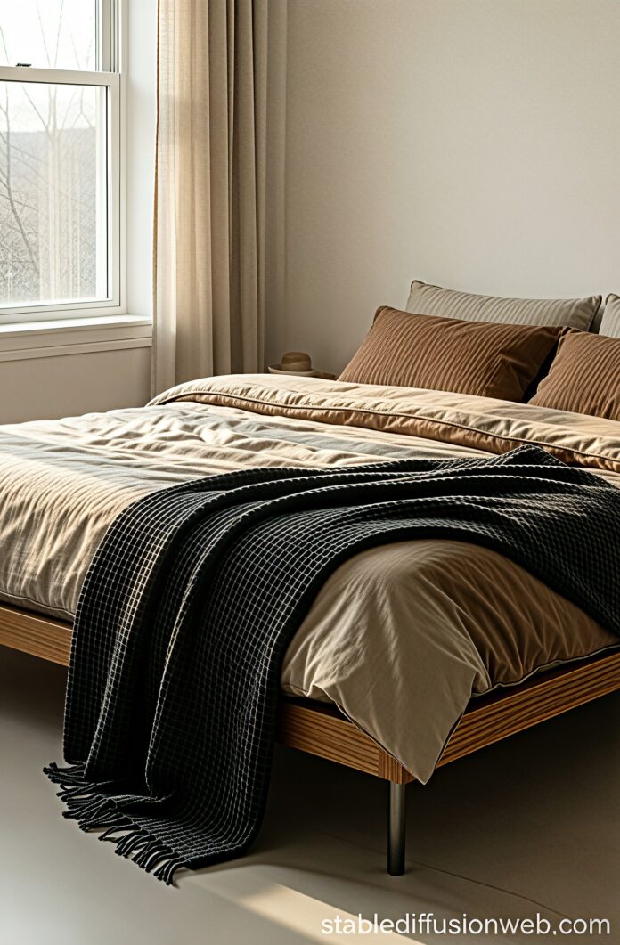 Layered-japandi-linen-bedding-earth-tones A low-profile Japandi bed featuring layered linen bedding in oatmeal and deep clay earth tones.