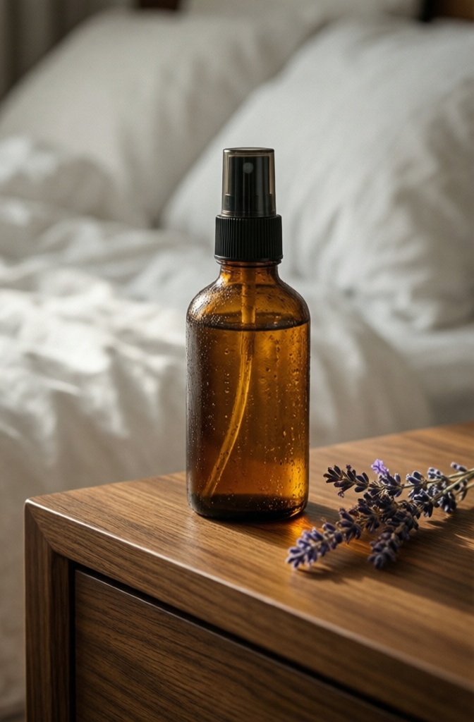 A minimalist amber glass linen spray bottle sitting on a walnut nightstand.