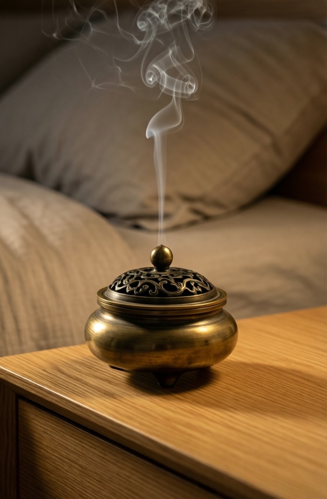 A minimalist brass incense burner with a thin wisp of smoke on a bedroom nightstand.