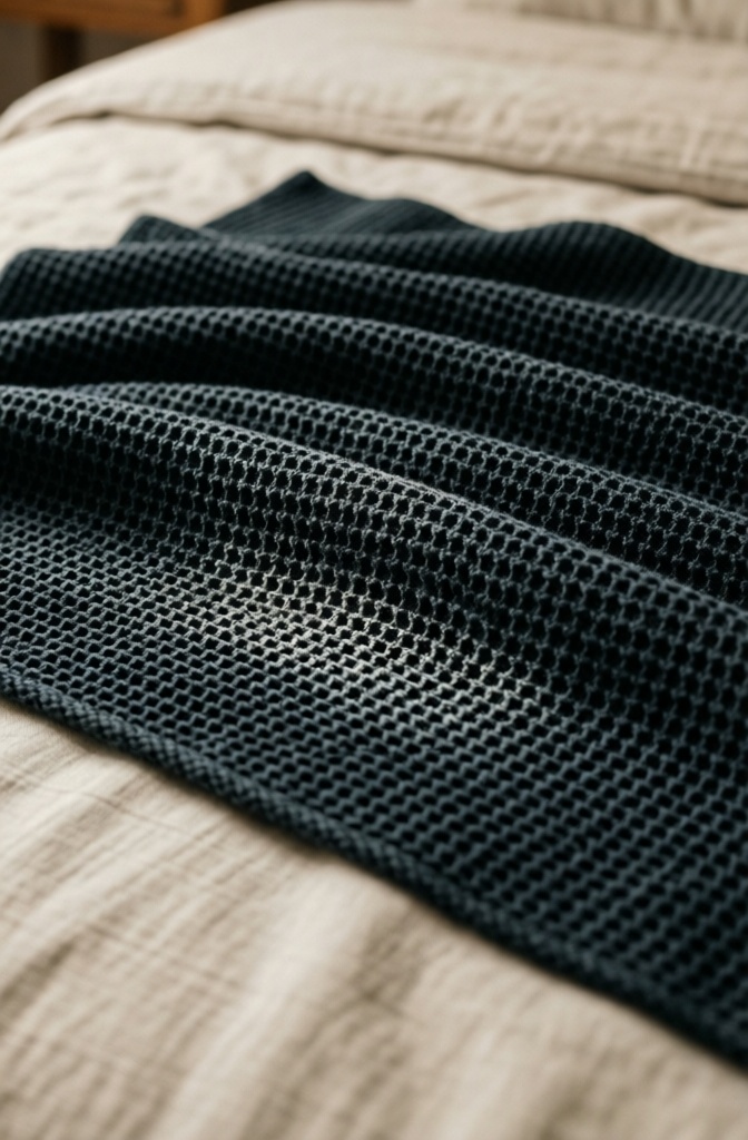 A heavy charcoal waffle-knit throw blanket resting on a sand-colored linen duvet.