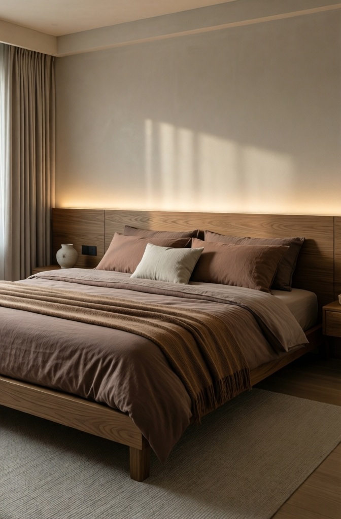 A complete, restorative Zen bedroom sanctuary featuring low-profile furniture and earth-toned linens.