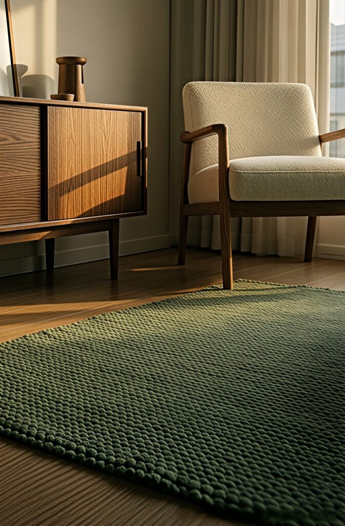 A desaturated sage green rug adding a muddy neutral tone to a Japandi living room.