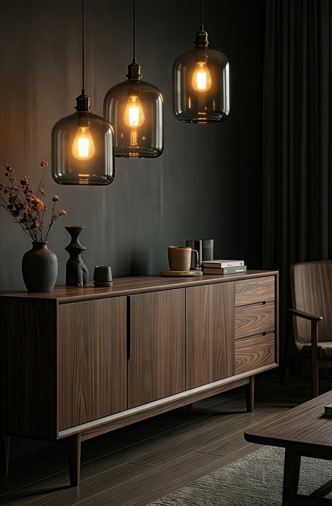 Smoked glass pendant lights in a dark walnut Japandi living room.