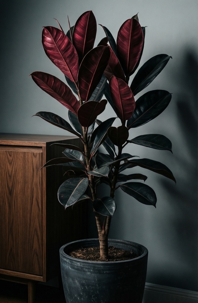 A moody Rubber Tree with dark leaves in a charcoal pot for a Dark Japandi interior.