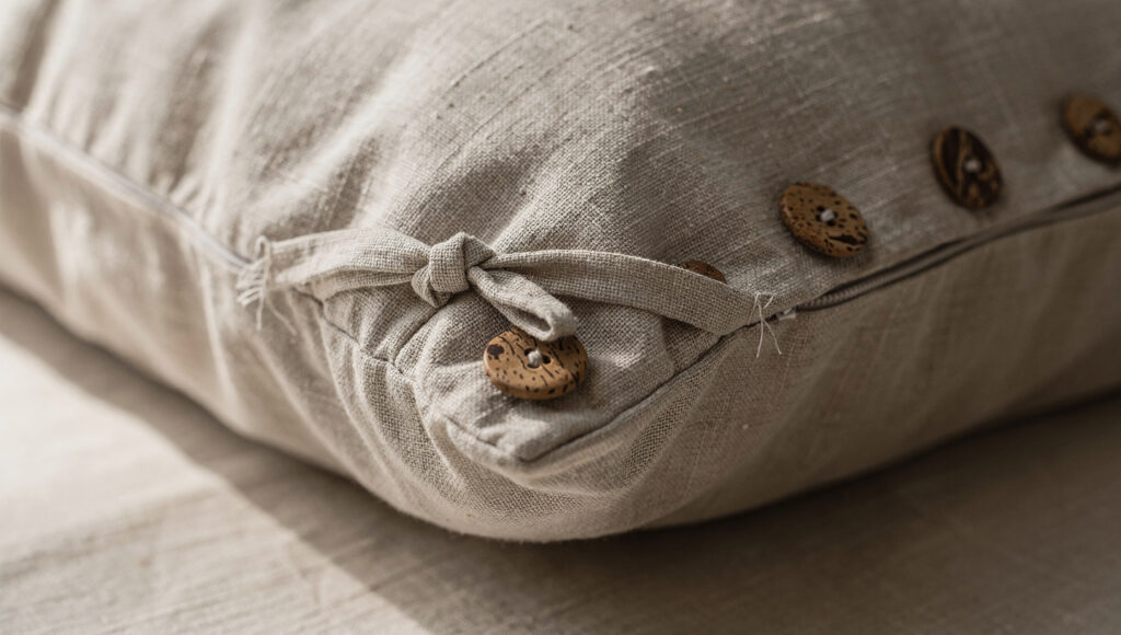 The inside corner of a linen duvet cover with a fabric tie knotted around the insert and coconut buttons along the edge.