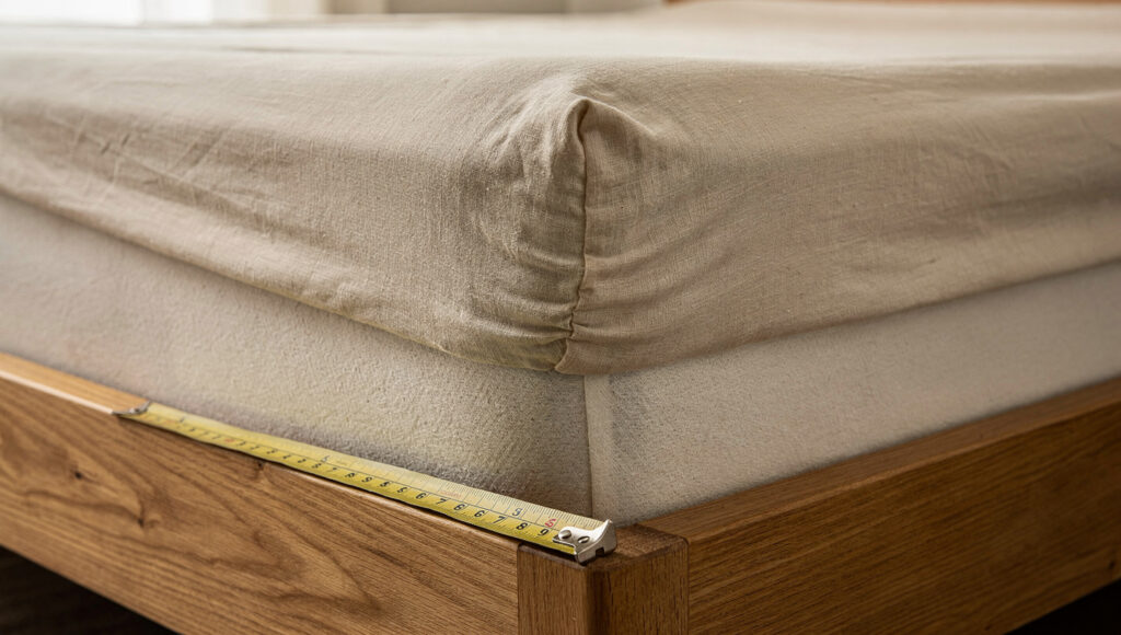 A linen fitted sheet gripping a mattress corner with a tape measure showing the pocket depth.