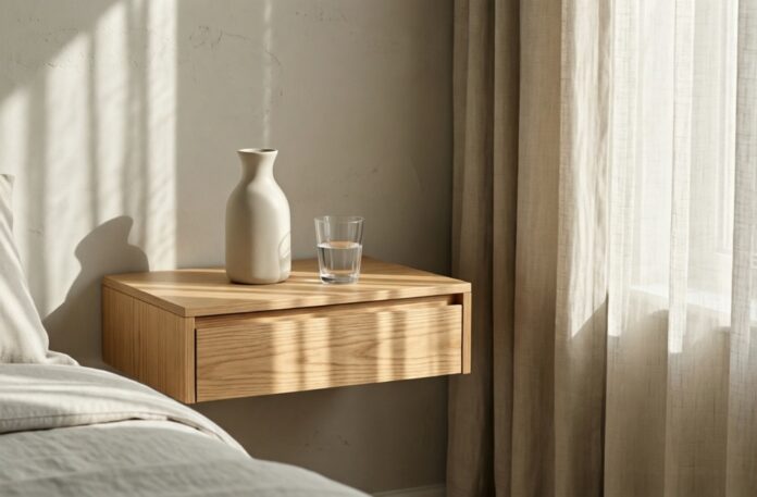 A floating light oak nightstand mounted on a textured wall in a Japandi bedroom.