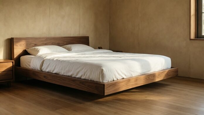 floating-walnut-japandi-bed-frame A low-profile floating walnut Japandi bed frame in a minimalist bedroom sanctuary.