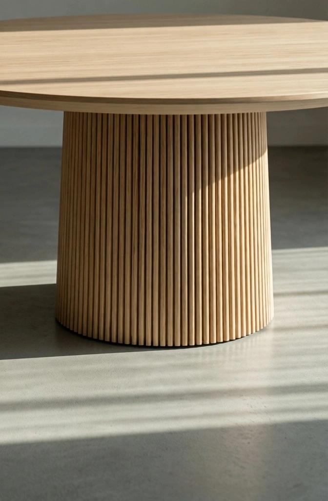 A Japandi dining table featuring a sculptural fluted wood slatted pedestal base.