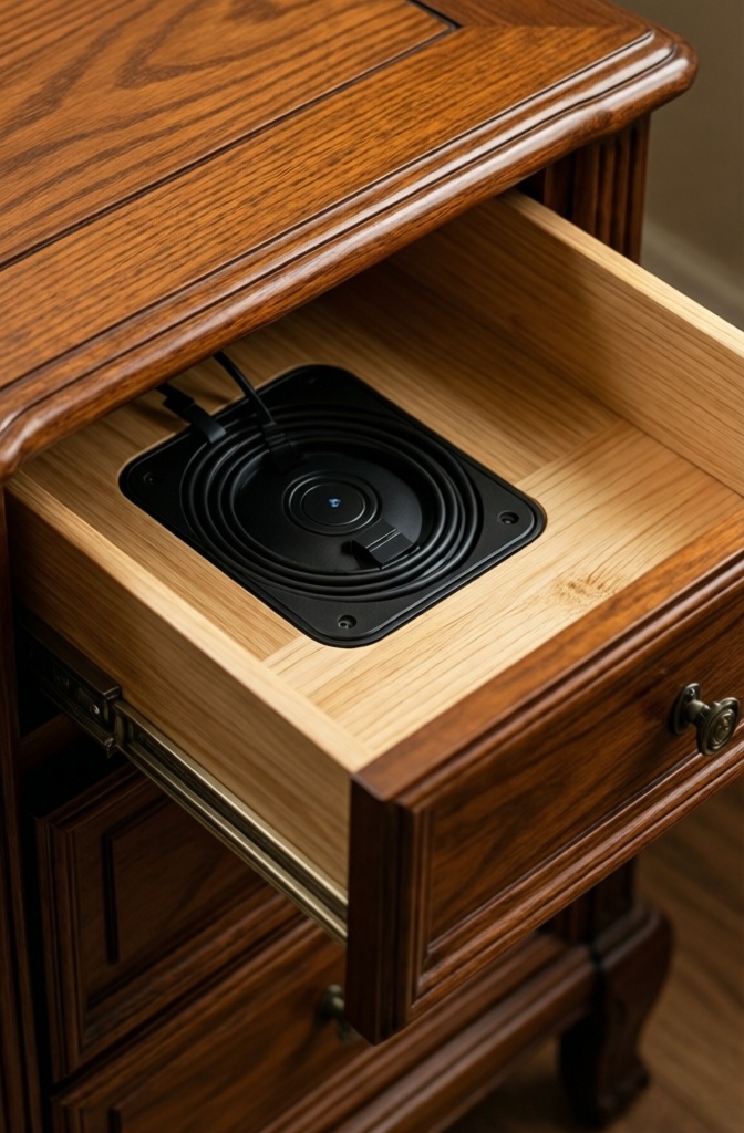 A minimalist nightstand drawer with hidden cable management for device charging.