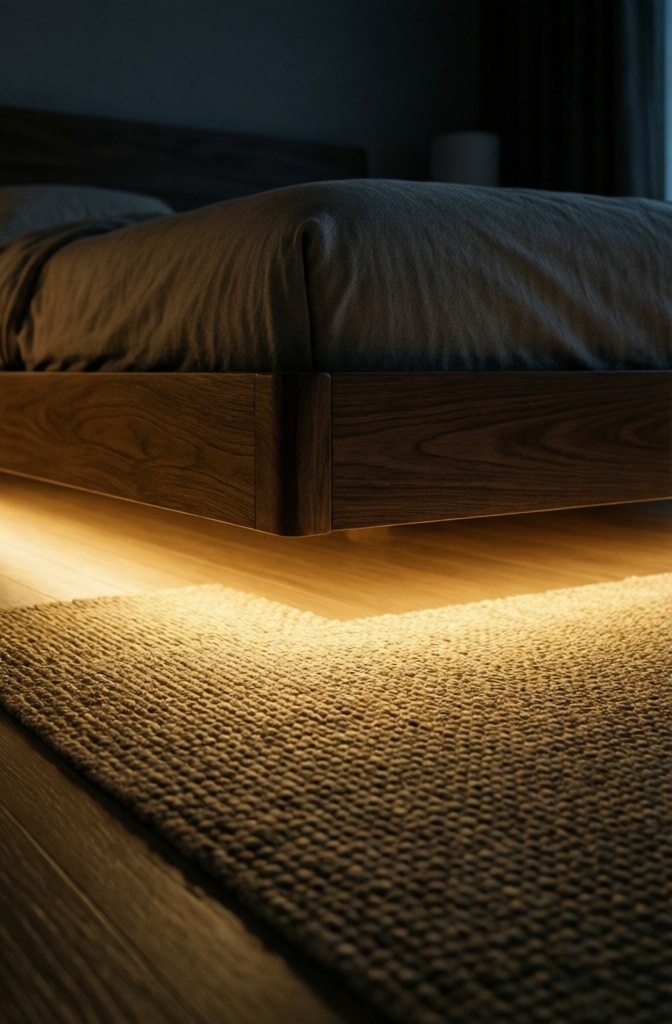 Warm hidden LED lighting radiating from underneath a floating walnut bed frame.