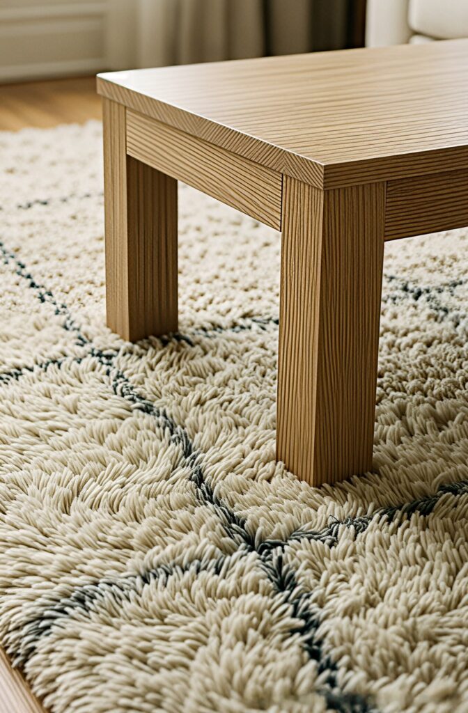 A high-pile cream wool rug with a subtle pattern in a Japandi living room.
