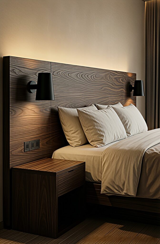 A seamless, integrated dark walnut headboard extending behind nightstands in a modern bedroom.