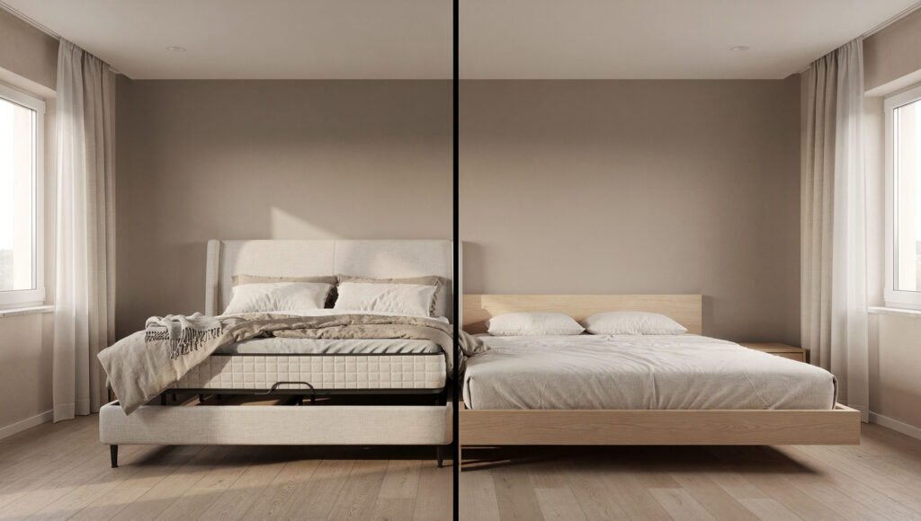 A split-panel comparison of the same bedroom with identical 8-foot ceilings — left showing a standard 26-inch bed frame with visible box spring gap making the ceiling read as low and the room compressed, right showing a 14-inch Japandi platform bed with the same ceiling reading as significantly higher due to the increased volume of air above the bed
