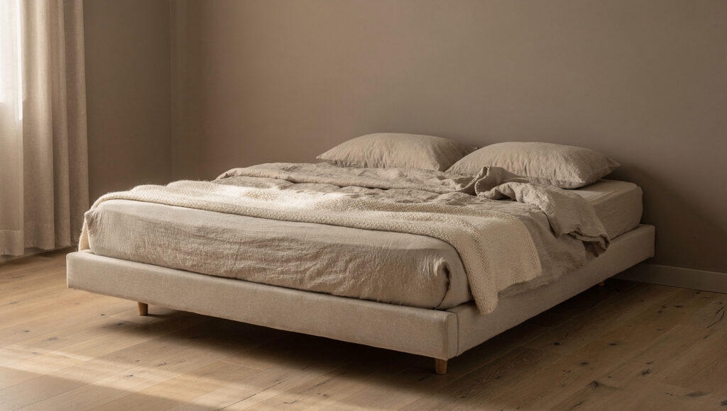 A low platform bed with three layers — fitted sheet, linen duvet, and a wool blanket folded at the foot — and two pillows.