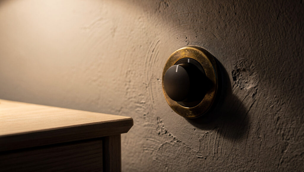 A matte black rotary dimmer dial with a worn brass edge on a warm greige limewash wall, turned partway down in low lamplight.
