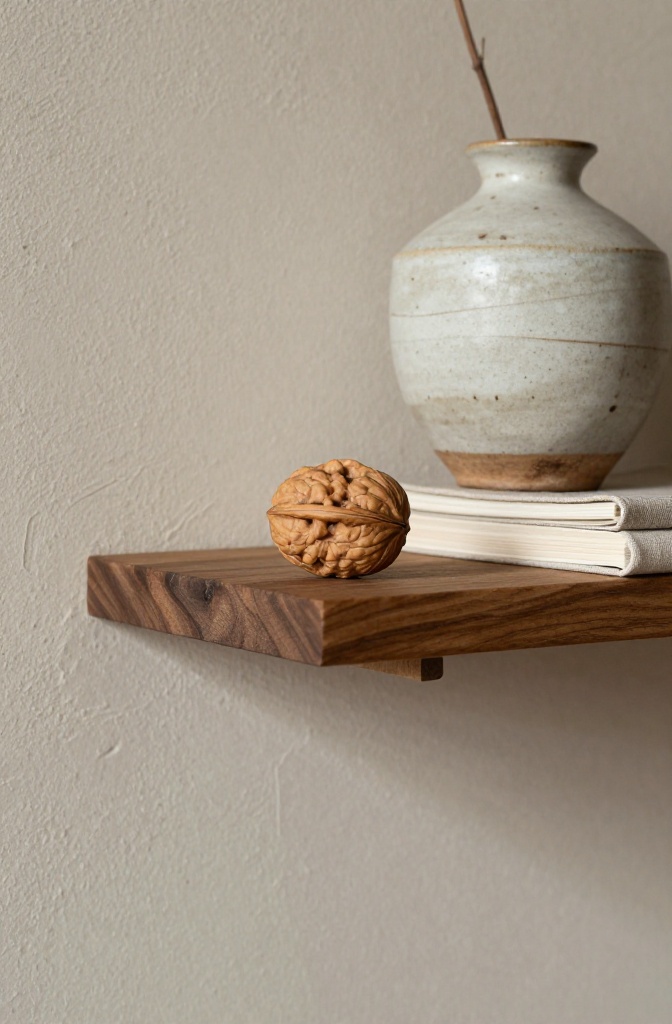 A curated floating walnut shelf with Japandi ceramics and organic decor.