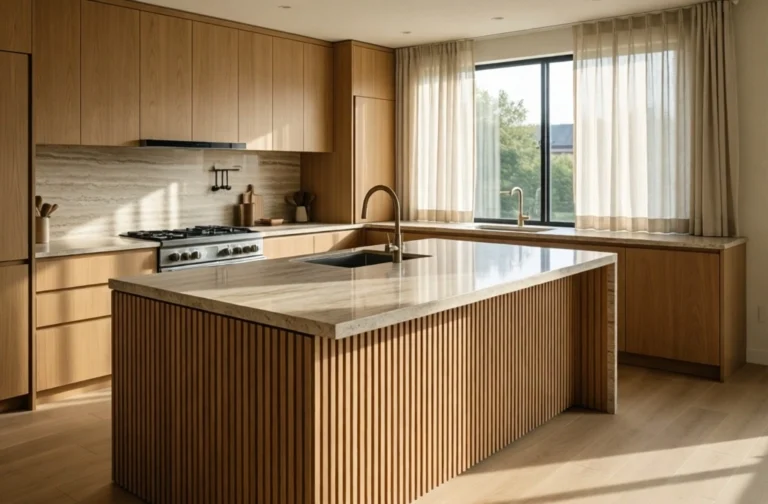A clutter-free Japandi kitchen featuring light oak cabinets and a slatted wood island.