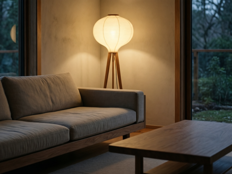 A large rice paper floor lamp glowing warmly in a Japandi living room corner.