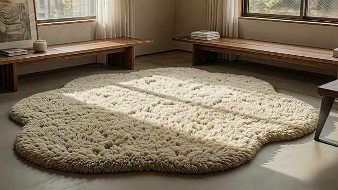 A large organic-shaped cream rug anchoring a Japandi living room.