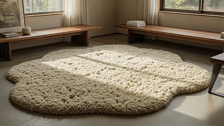 A large organic-shaped cream rug anchoring a Japandi living room.