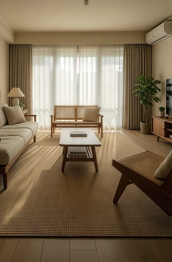 A properly scaled large jute rug in a Japandi living room layout.