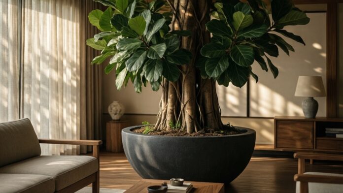 A large Fiddle Leaf Fig tree in a charcoal pot anchoring a Japandi living room.