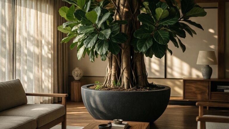 A large Fiddle Leaf Fig tree in a charcoal pot anchoring a Japandi living room.