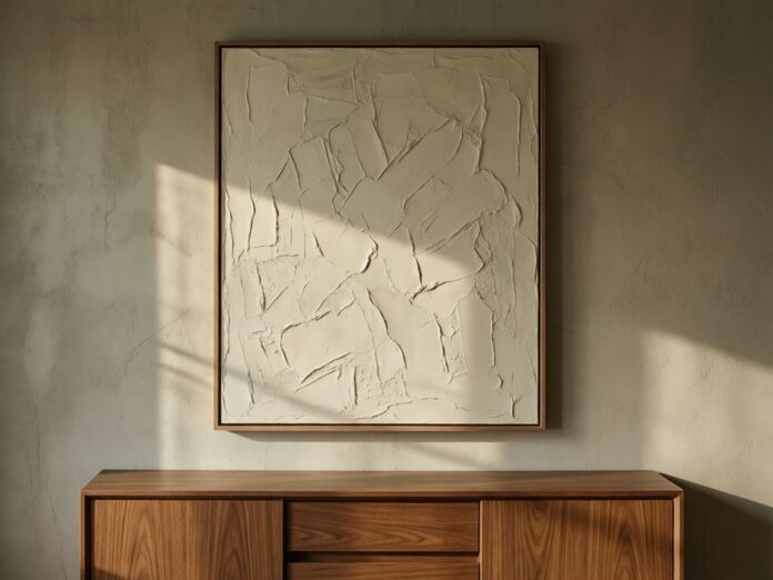 A large textured abstract painting on a limewash wall in a Japandi living room.