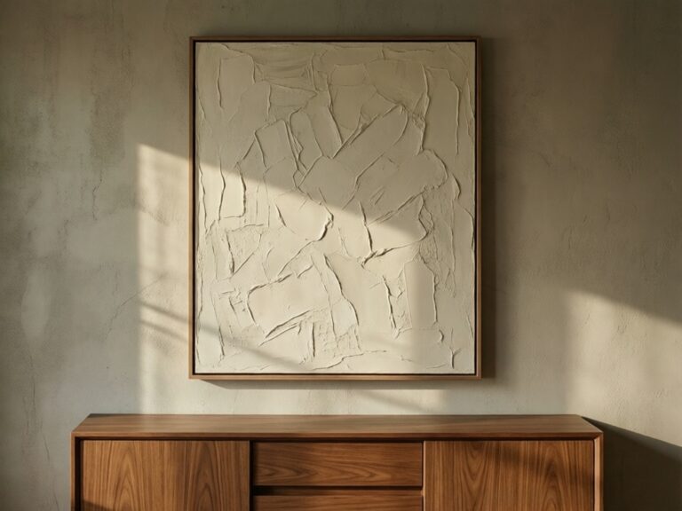 A large textured abstract painting on a limewash wall in a Japandi living room.