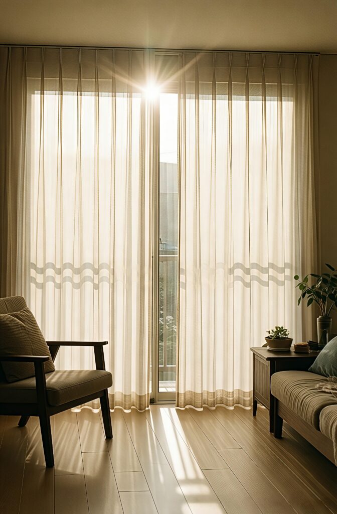 Soft natural light filtered through sheer linen curtains in a Japandi living room.
