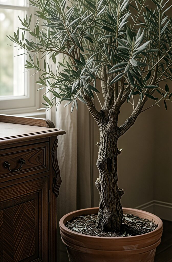 An olive tree providing silver-green tones in a Japandi interior.