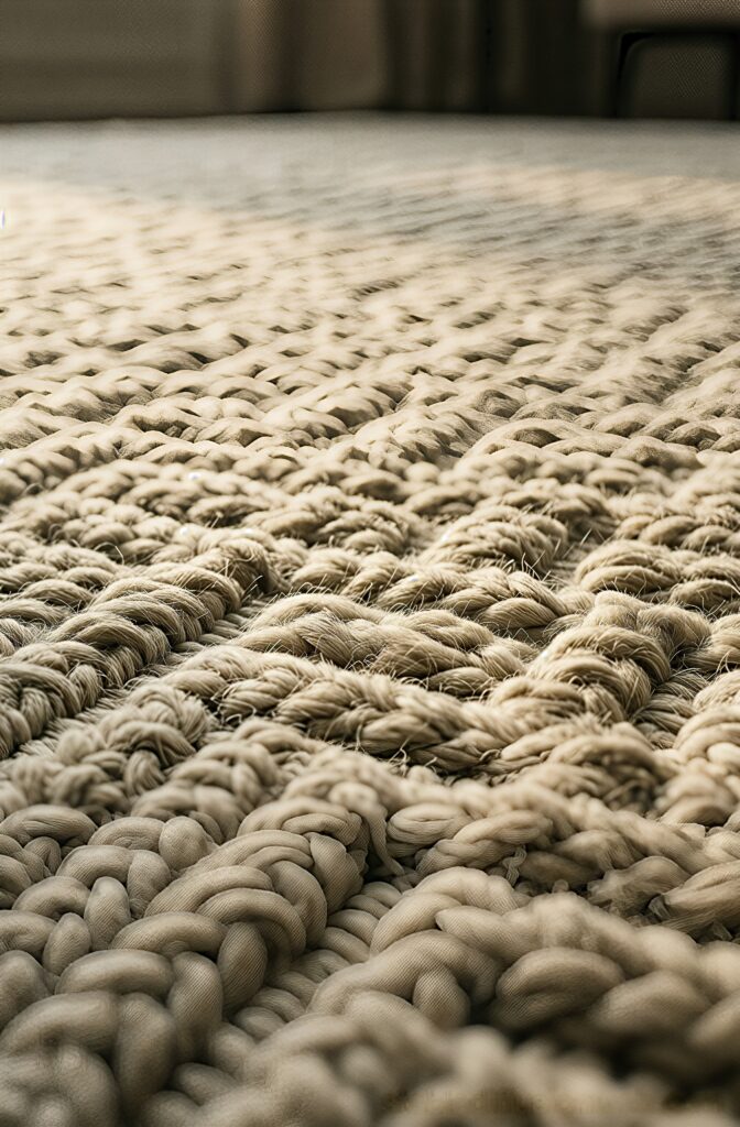 Close-up of high-low pile texture on a neutral Japandi area rug.