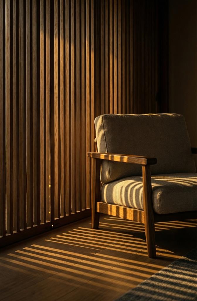Hidden LED lighting behind oak slats in a Japandi living room.