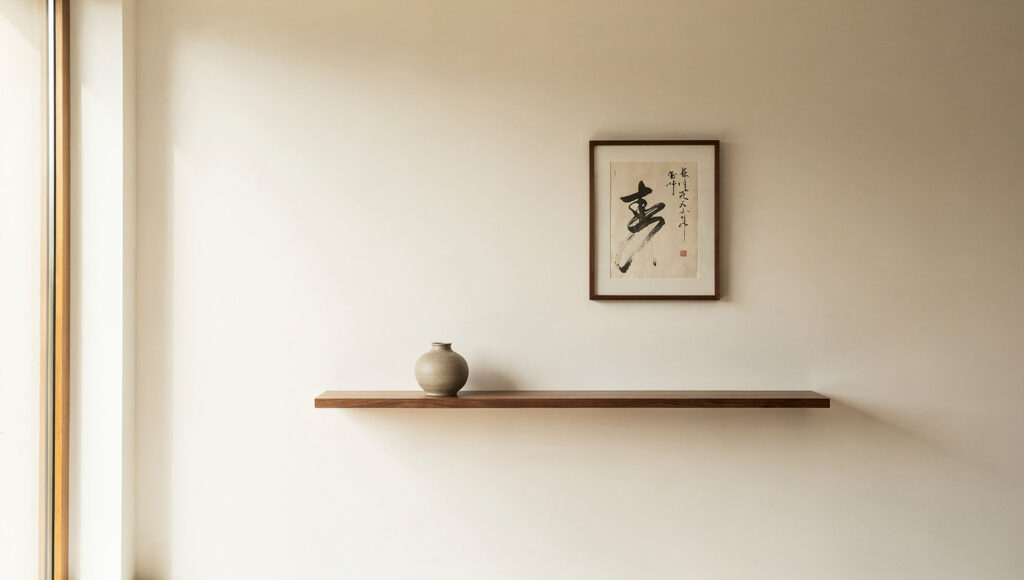 A mostly empty warm-white Japandi wall with a single small sumi-e ink piece off-center and one floating walnut shelf holding a lone ceramic vessel, wide undecorated space on either side