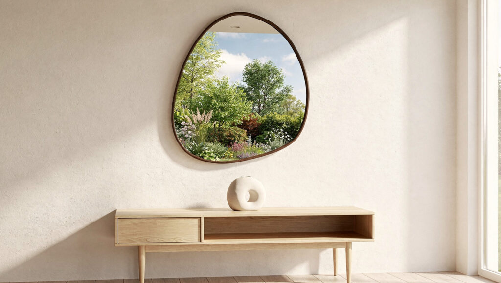 An organic pebble-shaped mirror with a slim matte dark-walnut frame opposite a bright window, its surface reflecting a garden view of trees and sky as the brightest element in the room