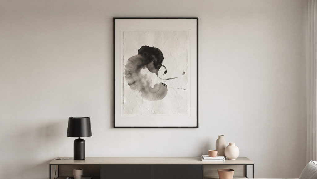 A single framed sumi-e ink-wash piece with soft black brushwork on handmade off-white paper in a slim black frame, above a low console on a warm-white wall, echoing a matte black lamp base nearby