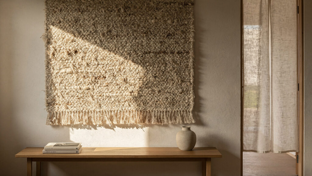 A large undyed wool woven wall hanging in natural oat and cream tones above a low oak bench, deep tactile weave modeled by raking side light, a linen noren softening a doorway at the edge of frame