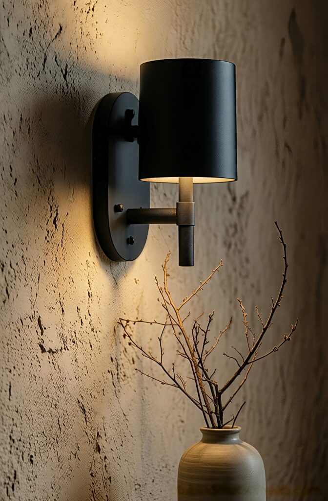 Close-up of a matte black sconce lighting a limewash wall in a Japandi home.